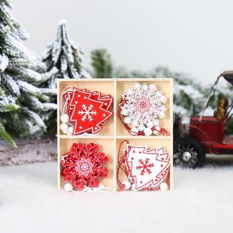 Pendentifs De Noël - Bois Naturel - Pour Décoration Arbre Et Intérieur - Ensemble De 12 Pièces Avec Boîte De Rangement En Bois 13x13x1,5 Cm (1/4)