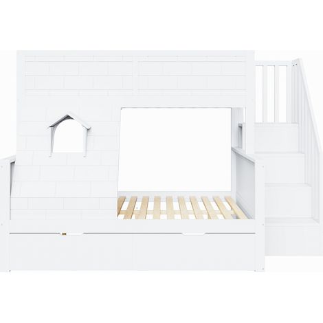 Etagenbett 90 × 200 und 140 × 200 cm, 3 Plätze mit Stauraumtreppe und 2 Schubladen, ohne Matratze, Weiß (1/5)