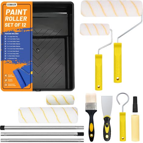 Kit de 12 rouleaux de peinture, comprenant rouleaux et plateaux, rouleau de 9 pouces avec rallonge, pinceau et rouleaux pour peindre les murs, les bordures (1/5)