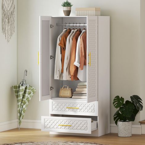 Armoire chambre penderie miroir 2 tiroirs 2 portes barre suspension 80x50x180 cm blanc. Armoire avec miroir pour votre chambre, élégante et fonctionnelle. (1/5)