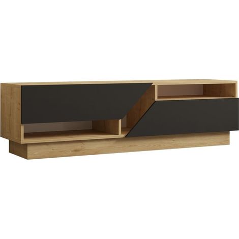 Meuble TV tiroirs trapèze 160cm Magnifikal Chêne clair et Gris (1/5)