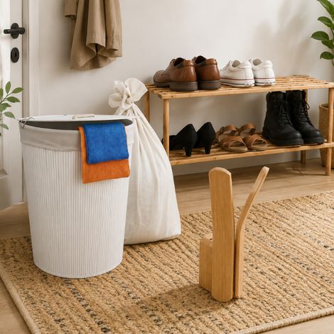 Bamboo Storage Organizer Set (3-Piece) – Corner Laundry Bin, 9-Pair Shoe Rack & Wall Hooks