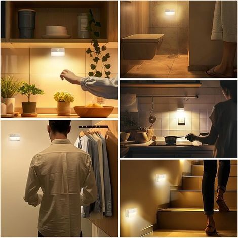 Set di 8 luci notturne a LED con sensore di movimento, a batteria, autoadesive, senza fili per scale, corridoio, armadio, cucina, camera da letto (1/5)