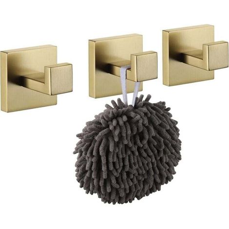 Juego de 3 ganchos de pared cuadrados en acero inoxidable dorado cepillado, Gold-Crezuo
