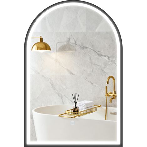 Miroir de salle de bain avec éclairage intégré 60 x 90 cm, miroir mural arqué, 3 couleurs d'éclairage, luminosité réglable, fonction antibuée, noir (1/5)