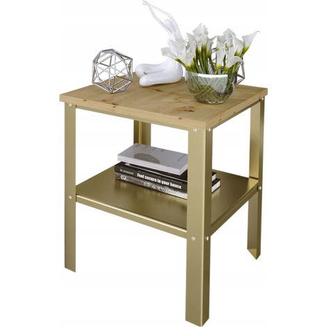 Table basse industrielle style loft avec étagère intégrée 40x40x45 cm, finition or et chêne artisanal (1/4)