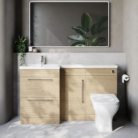 Napoli 390 Light Oak 1500mm 2 Drawer Vanity Unit Toilet Suite with Left Hand Square Lucia Basin - 1500mm - Chrome 320mm HandleWith Kingston Toilet Pan and Seat