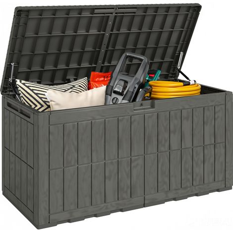Aufbewahrungsbox aus Kunstharz für den Außenbereich – 440 l – Wasser- und UV-beständig – Abschließbarer Deckel – Gasdruckfedern – Braun