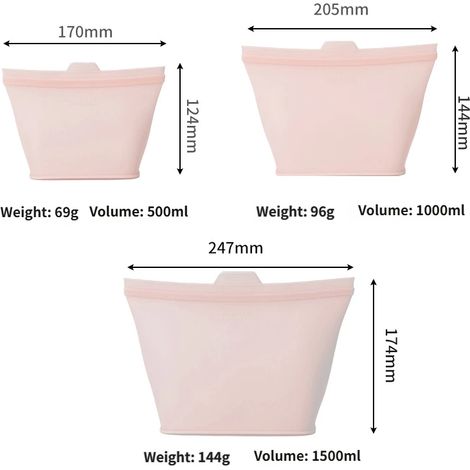 Sacs transparents réutilisables en silicone de haute qualité, lot de 3, pour la conservation des aliments, sacs à lunch, durables. (1/4)
