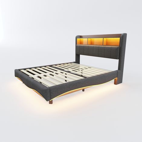 Letto imbottito flottante 160x200 grigio con LED, USB e USB-C, contenitore (1/5)