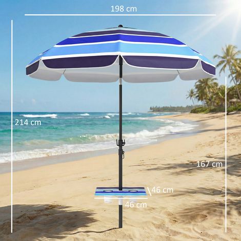 Parasol de plage Ø198 cm UV30+ avec table pliante, porte-gobelet, inclinaison réglable, multicolore (1/5)