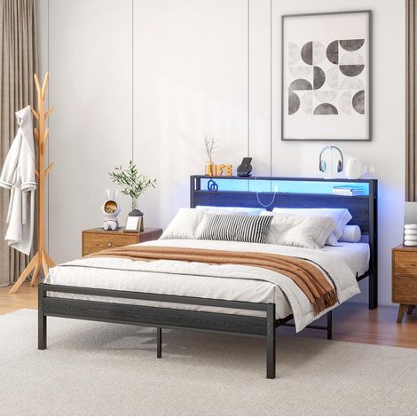 Lit adulte 140x200 cm en métal et MDF noir, avec rangement et USB pour chambre FloraGrace (1/5)