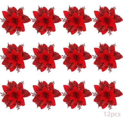 Lot de 12 fleurs artificielles rouges Poinsettias pour décoration de Noël (1/5)