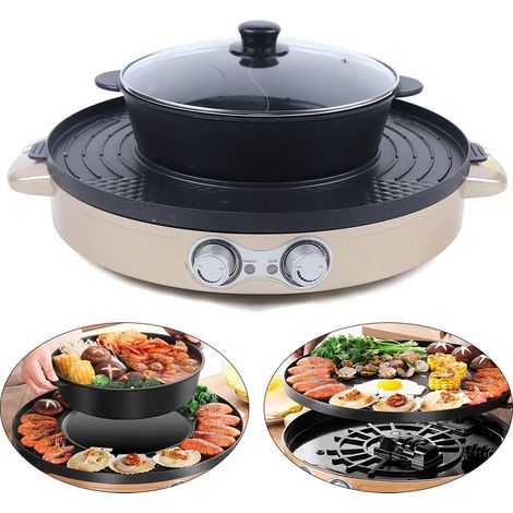 Hot Pot e Barbecue Elettrico Multifunzione 2-in-1 – Grill/Pentola Elettrica Portatile Senza Fumo – 2200W – Per Uso Domestico/Interno – Senza Fumo – Design a Doppia Sezione (Oro) (1/5)