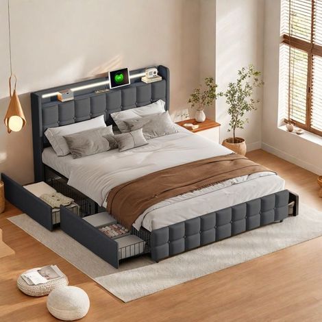 Doppelbett mit gepolstertem Kopfteil - TANANT - 160x200 cm - LED-Beleuchtung - 4 Schubladen - Graues Leinenmaterial