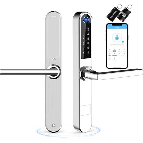 Verrou de porte intelligent fin avec écran tactile, clavier et carte à empreintes digitales, déverrouillage pour porte battante en aluminium (argent) (1/5)