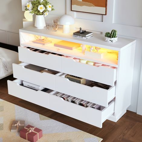 Modernes Sideboard Weiß mit LED-Beleuchtung und 6 Schubladen, Kommode mit offenem Fach in Marmoroptik, 120x40x85 cm, Wohnzimmerschrank (1/5)