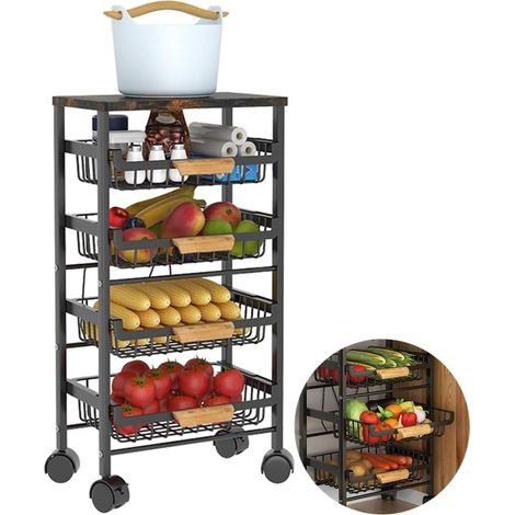 Panier en fil métallique à 5 niveaux sur roulettes, bacs de rangement empilables pour cuisine, salon, chambre à coucher, salle de bain, étagères à légumes et fruits avec tiroirs (1/5)