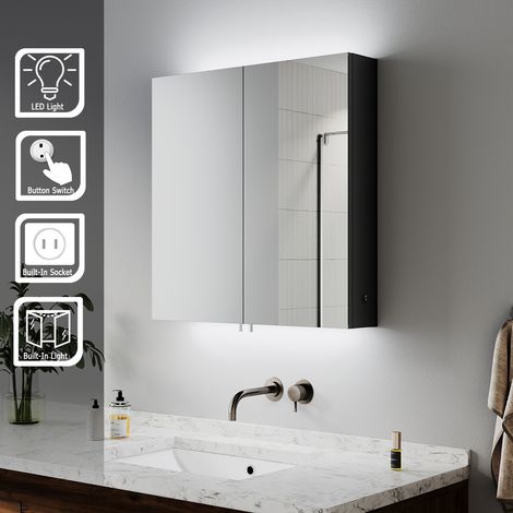 ELEGANT Bathrrom Wall Cabinet Illuminated LED Mirror with Shaver Socket, Black Cabinet Design, Hydraulic Cushioning Hinges 630x650x130mm (1/5)