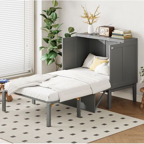 DESVIAE Lit escamotable vertical 90 x 200 cm avec sommier à lattes gain de place gris rangement sous lit en bois et métal (1/5)