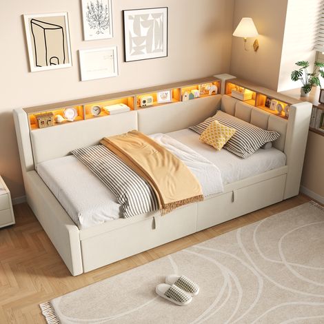 Lit Banquette Extensible 90x200 à 180x200 cm avec LED via Appli, Tête de Lit d’Angle Rembourrée et Étagères, Lin et MDF - Beige (Sans Matelas) (1/5)