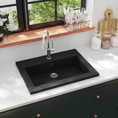 Vidaxl – Vasque à poser en granit noir 600 x 450 x 120 mm – Avec trop-plein – Résistance à la chaleur jusqu’à 280 °C – Installation sur plan de travail (1/6)