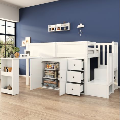 Lit mezzanine enfant moderne 90x200 cm en MDF blanc, avec bureau extensible, armoire, tiroir, escalier de rangement et sommier (1/5)