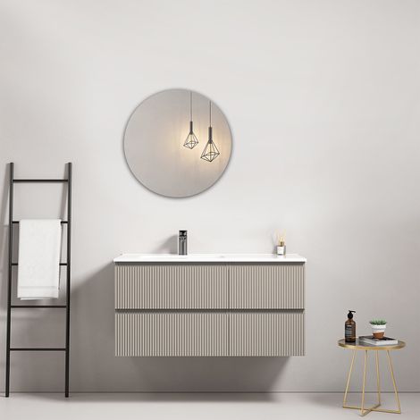 Mobile bagno sospeso cannettato 100 cm Grigio Cenere Lavabo a Sinistra in Ceramica Specchio Tondo - Fiji Paint (1/4)