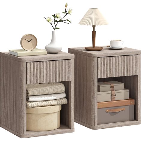 HOMCOM Modern Nightstand with Drawer and Open Shelf, Set of 2, Oak