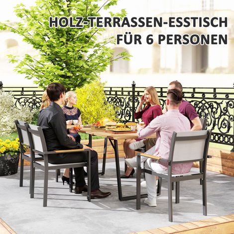 Table de jardin en bois 175x80 cm, résistante aux intempéries, table de balcon avec trou pour parasol, table de buffet pour 6 personnes, marron