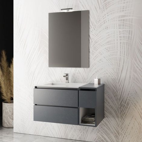 Mobile bagno sospeso con specchiera e lavabo integrato modello smeraldo 95cm composizione completa - stone white Mobo