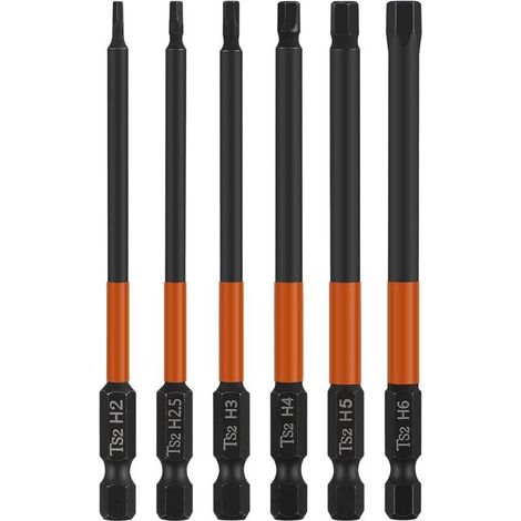 Jeu de 6 embouts de tournevis magnétiques 1/4", tête hexagonale de 100 mm, tige hexagonale H2, H2.5, H3, H4, H5, H6, clé hexagonale