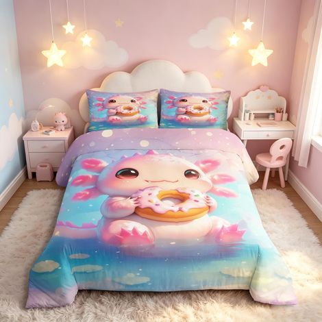Parure de lit pour fille - Motif : donut - Housse de couette 135 x 200 cm - Motif : dessert - Rose - Motif salamandre - Décoration de chambre à coucher (1/5)