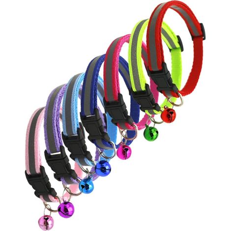 Collier de chat en nylon réfléchissant, 7 pièces avec jolie cloche et étiquette de chien Collier réglable pour petits chiens, multicolore et léger-Fei Yu (1/5)