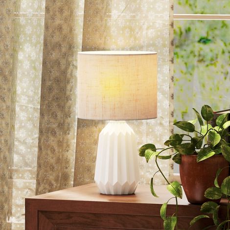Lampe de table style rétro avec pied en céramique et abat-jour en lin pour chambre, 40 W, blanc et beige