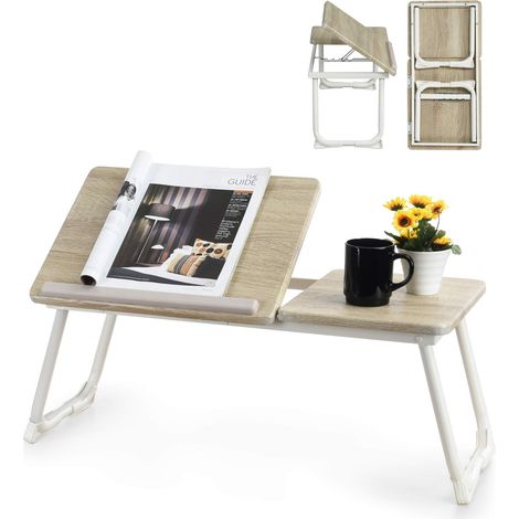 Table de lit Support d'ordinateur portable pliable hauteur réglable Plateau finition chêne Piètement métal blanc , blanc /65x30x27.5 cm (1/5)