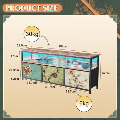 Meuble TV Moderne, Armoire TV avec Eclairage LED, 3 Tiroirs,Texture Sculptée, Compartiments,Rangement Pratique,108x30x57cm