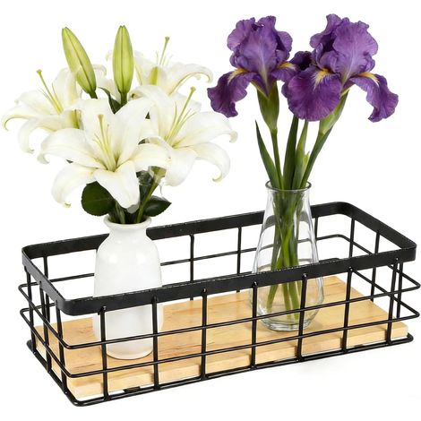 Panier Mural Métal Noir avec Fond Bois pour Cuisine Bain Maison (1/5)