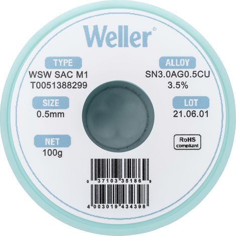 Weller WSW SAC M1 Lötzinn, bleifrei Spule Sn3,0Ag0,5Cu 100 g 0.5 mm (1/5)