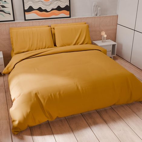 Parure de lit Simple 200 x 135 cm 1 taie d'oreiller 80 x 80 cm Incluse, Housse de Couette Douce Microfibre Couleur Unie Jaune Ocre (1/5)