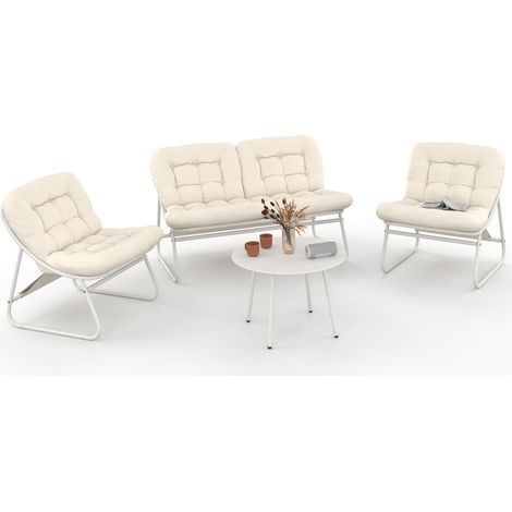 Gartenmöbel ARONA niedrig 4-Sitzer aus weißem Metall und beigen Kissen mit Sofa, Sessel und Tisch (1/5)