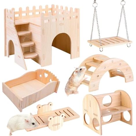 SUNOYA Lot de 6 jouets en bois - Cachette & pont à bascule - Jouet d'entraînement - Accessoires pour cage (1/5)