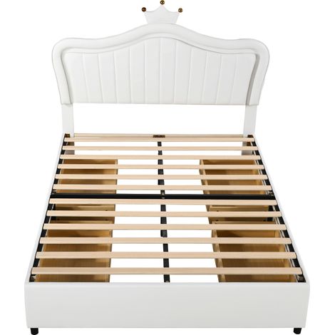 Letto imbottito per bambini 140 x 200 cm bianco con LED, cassetti e testiera a corona (1/5)