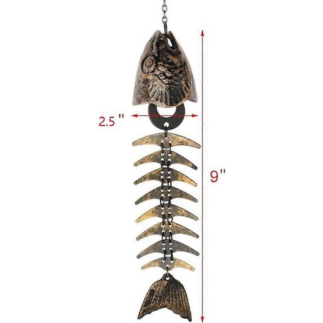 Lot de 2 carillons à vent en forme de poisson, carillon à vent en forme de squelette de poisson, os de poisson en fonte -- (1/5)