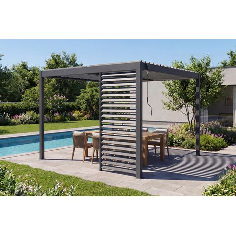 Pergola bioclimatique autoportée 3x3m PIANA aluminium gris avec 1 persienne brise-vue