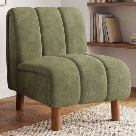 Sillón HECTOR de tejido de chenilla verde y patas redondeadas con acabado de nogal (1/5)