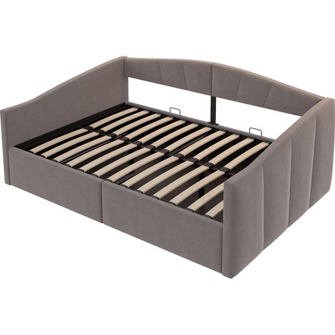 Cama con almacenamiento 140 x 200 cm, terciopelo gris, elevación hidráulica, con somier