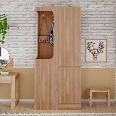 Armoire 70 x 40 x 170 cm, avec tiroirs et compartiments de rangement, espace penderie ouvert, une porte, Bois naturel