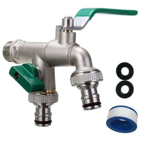 Robinet double sortie avec enrouleur de tuyau - Raccords BSP 1/2 et 3/4 pouce - Étanche pour usage jardin et extérieur - Conception robuste et pratique. (1/4)