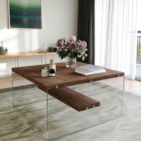 Table basse verre et bois - plateaux bruns suspendus LHASA (1/4)